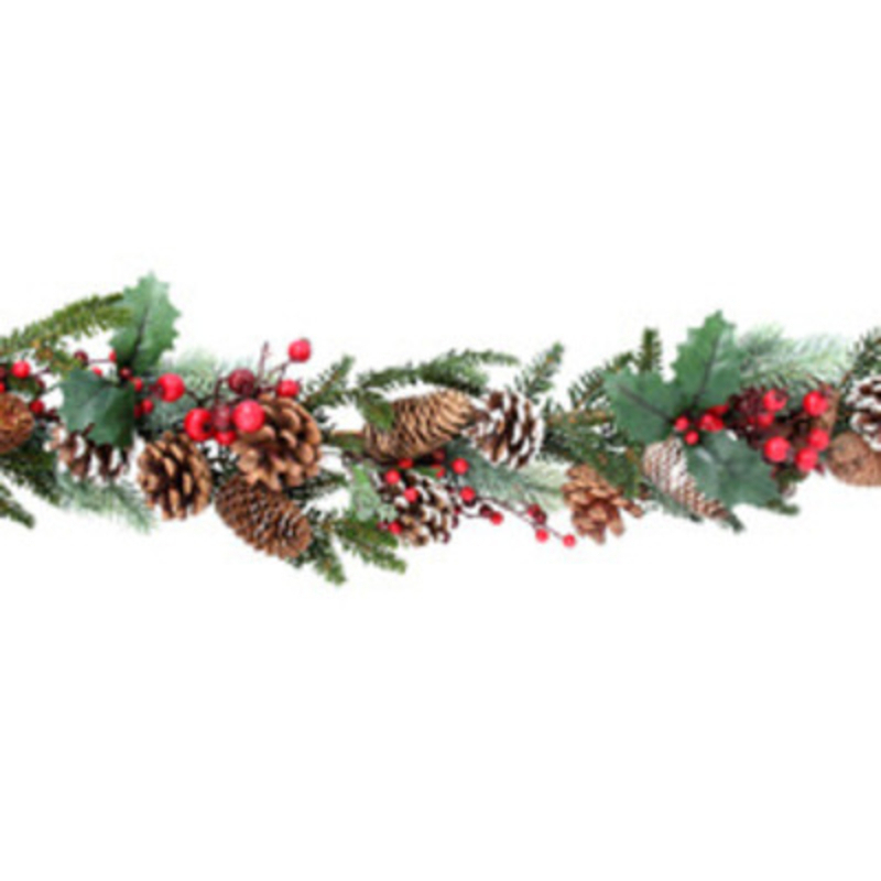 Red and green Christmas Garland decorated with holly red berries and frosted pinecones measuring 1.9 meters. Made by London based designer Gisela Graham who designs really beautiful and unusual Christmas decorations and gifts for your home.Ê Would suit any Christmas decor and would make a lovely Christmas gift. Matching Christmas Door Wreath in the same design also available. Remember Booker Flowers and Gifts for Gisela Graham Christmas Decorations.